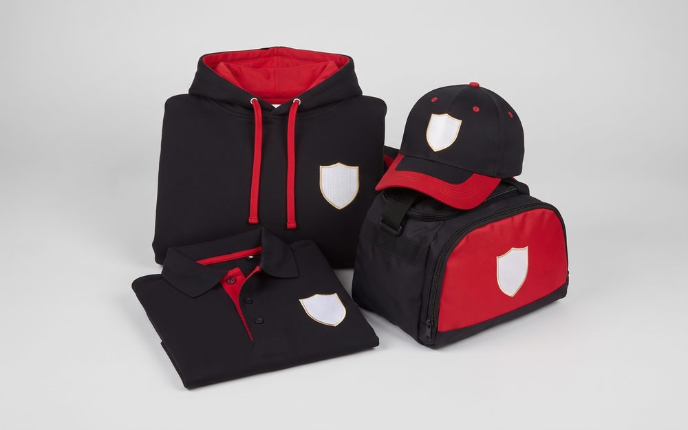 Club shop range: hoodie, polo, cap and kit bag in club colours with a blank crest