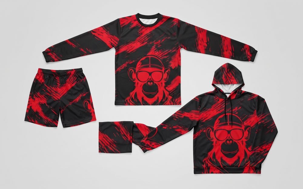 Custom sublimated club kit: long sleeve top, shorts and hoodie in a bold red and black design